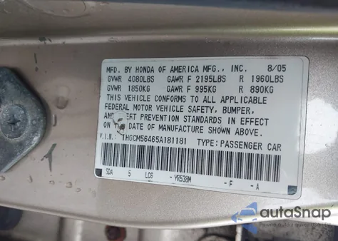 2005 Honda Accord 2.4 Lx z USA, uszkodzony, nr VIN 1HGCM56465A181181